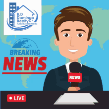 a cartoon of a breaking news reporter with a b.d. domingo realty & construction works logo in the background