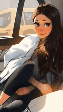 a drawing of a girl sitting in a car with a yellow cab in the background