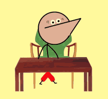 a stick figure is sitting at a table with a very long nose