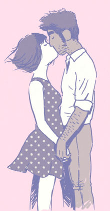 a drawing of a man and woman kissing with the woman wearing a polka dot dress