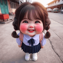 a little girl with pigtails is smiling and wearing a school uniform