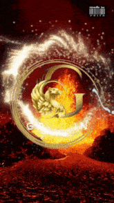 the letter g is in the center of a circle of flames