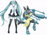 hatsune miku and lucario are standing next to each other on a pink and blue background