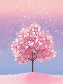 a painting of a cherry blossom tree against a pink and purple sky