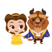 a cartoon of belle and the beast from beauty and the beast holding hands