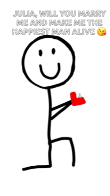 a stick figure is holding a heart shaped ring in his hand .