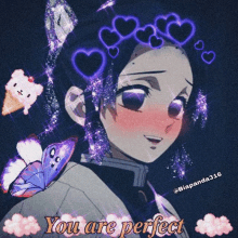 a picture of a girl with a crown of hearts on her head and the words " you are perfect "