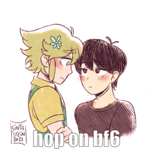 a drawing of a boy and a girl with the words hop on bf6 on the bottom