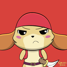 a cartoon of a dog wearing a bandana and holding a knife with the words golden tides written below it