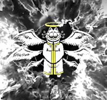 a black and white drawing of garfield as an angel with wings