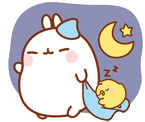 a cartoon of a rabbit sleeping next to a chick with a crescent moon in the background .