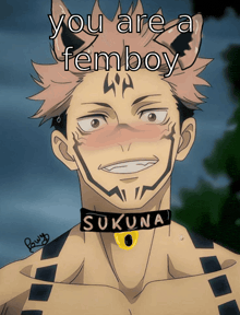 a picture of a man with a choker that says sukuna
