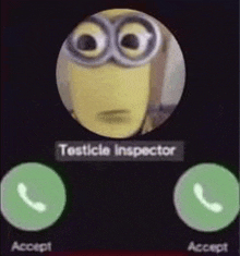 a picture of a minion talking on a cell phone with two buttons that say accept and accept .