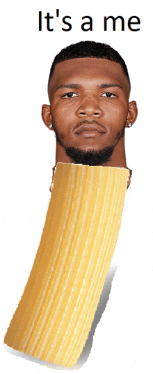 a man 's head is cut out of a piece of pasta with the words it 's a me above him