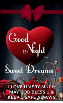 a good night sweet dreams message with a red heart