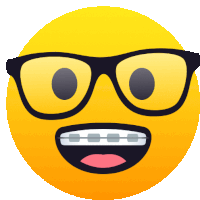 a yellow smiley face with braces and glasses