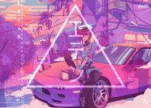 a girl sits on the hood of a car in a purple triangle