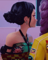 a close up of a cartoon character 's face with a yellow jacket on