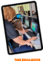 a tablet screen shows a woman helping another woman with a computer and the words pais enganados below it