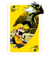 a yellow playing card with a cartoon of mario and a monkey