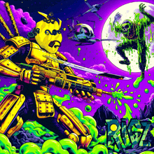 a painting of a robot holding a sword and a zombie with a skull on his head