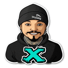 a cartoon drawing of a man wearing a black hoodie and a black beanie with the letter x on it