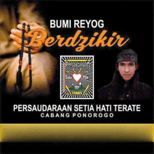 a poster for bumi reyog berdzikir shows a man holding a rosary