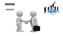 two cartoon figures shaking hands with the word obchod behind them