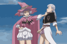 two anime characters are standing next to each other and one is wearing a pink hat