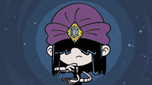 a cartoon character wearing a purple turban with a diamond on it