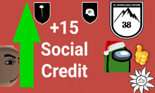 a red background with a green arrow pointing up and the words social credit