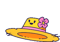 a yellow straw hat with a pink flower on it