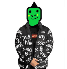 a person with a green face is wearing a black jacket that says supreme