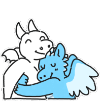 a cartoon drawing of a devil and a blue dragon hugging each other