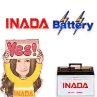 a woman holding a sign that says yes next to a box of inada battery