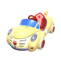 a yellow toy car with a red seat and a blue steering wheel