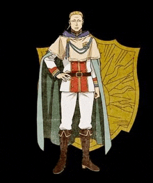 a man in a cape and boots is standing in front of a shield in a cartoon .