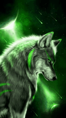 a wolf with green eyes is surrounded by green shooting stars