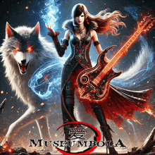 a woman is holding a guitar in front of a wolf and the words museumbola