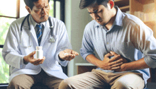 a doctor is holding a bottle of pills while a patient holds his stomach in pain