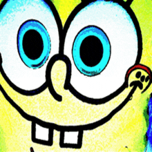 a close up of spongebob 's face with blue eyes and square teeth