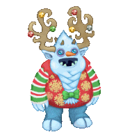 a cartoon monster wearing an ugly christmas sweater with reindeer antlers