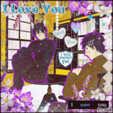 a picture of two anime characters with purple flowers and the words i love you above them