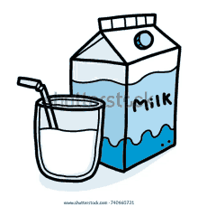 a cartoon drawing of a carton of milk and a glass of milk with a straw .