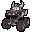 a cartoon monster truck with horns and big wheels is driving through the mud .