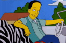 a cartoon character is sitting in a car with a zebra seat