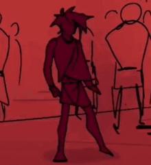 a drawing of a man standing in front of a red background .