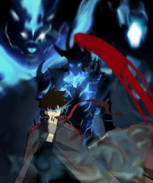 a man in a cape is standing in front of a demon with a red tail .