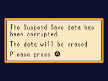 a computer screen says the suspend save data has been corrupted and the data will be erased