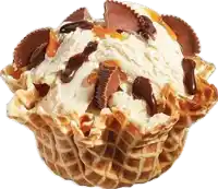 a waffle cup filled with ice cream and peanut butter cups .